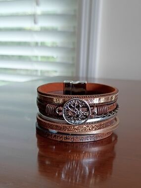 Multi-Layer Brown Leather Bracelet with Tree of Life Accent